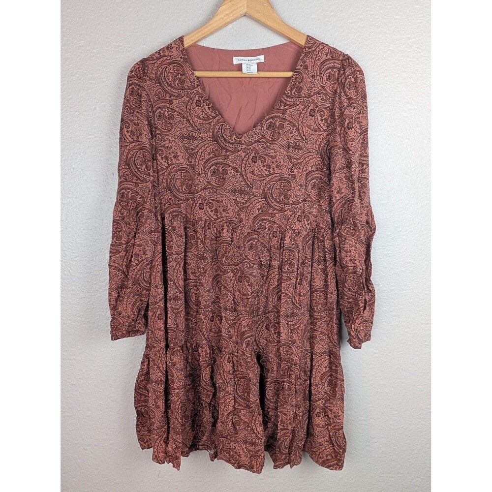 Lucky Brand Dress Womens XS Brown Paisley Boho Long Sleeve‎